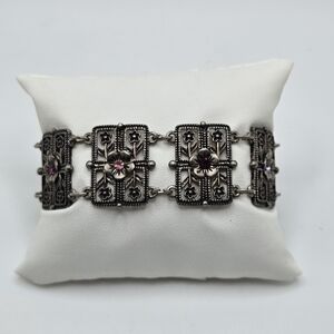 VINTAGE Art Deco Filigree Rhinestone Flower Articulated Panel Link Bracelet
